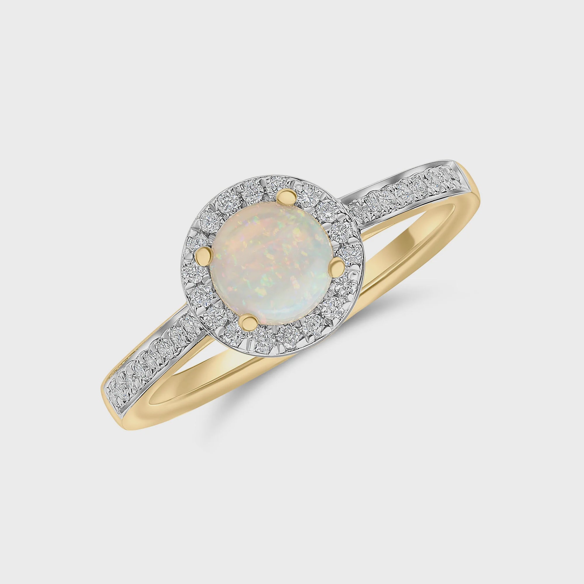 18ct Yellow Gold 39pt Opal &amp; 15pt Diamond Halo Ring