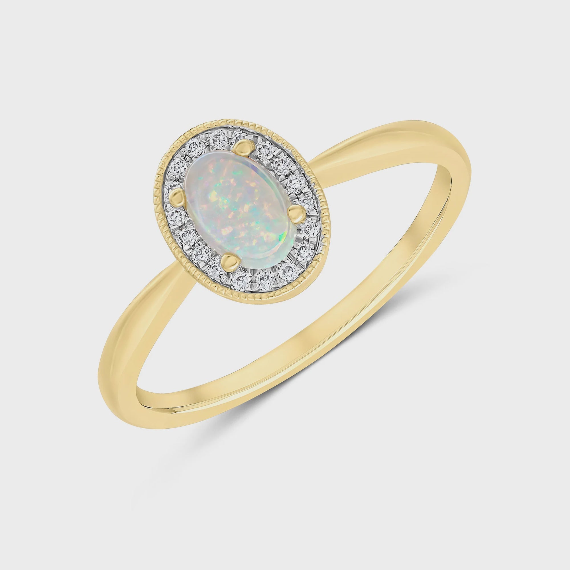 18ct Yellow Gold 29pts Opal &amp; 5pt Diamond Halo Ring