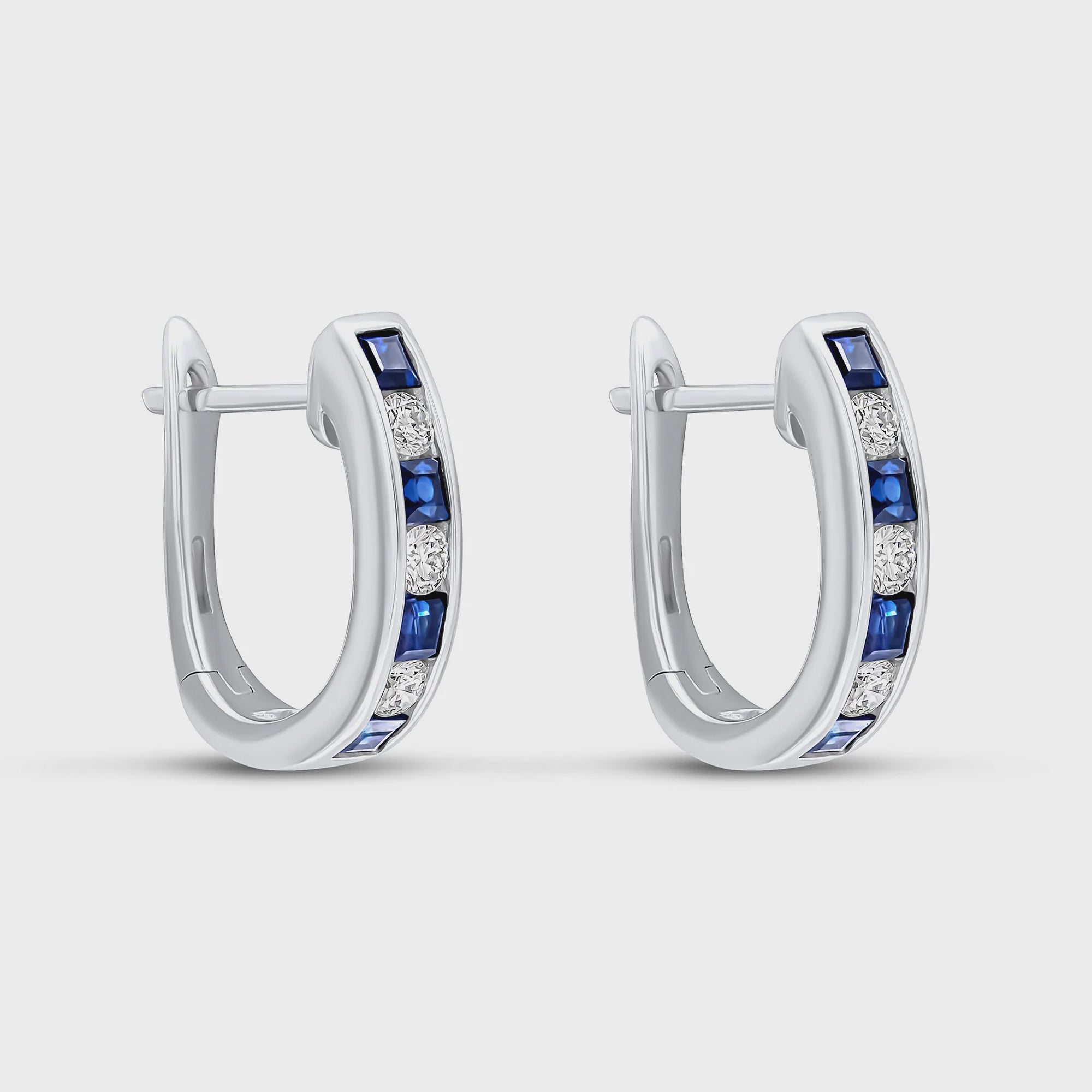 18ct White Gold Square Sapphire &amp; Round Diamond Oval Channel Hoop Earrings