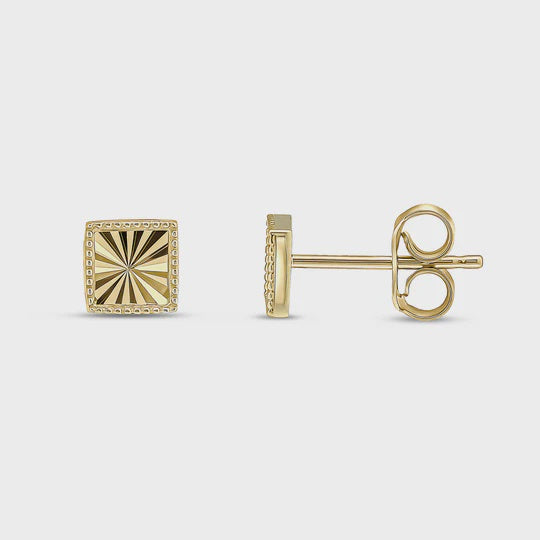 9ct Yellow Gold Diamond Cut Beaded Edge Square Stud Earrings 5.5mm
