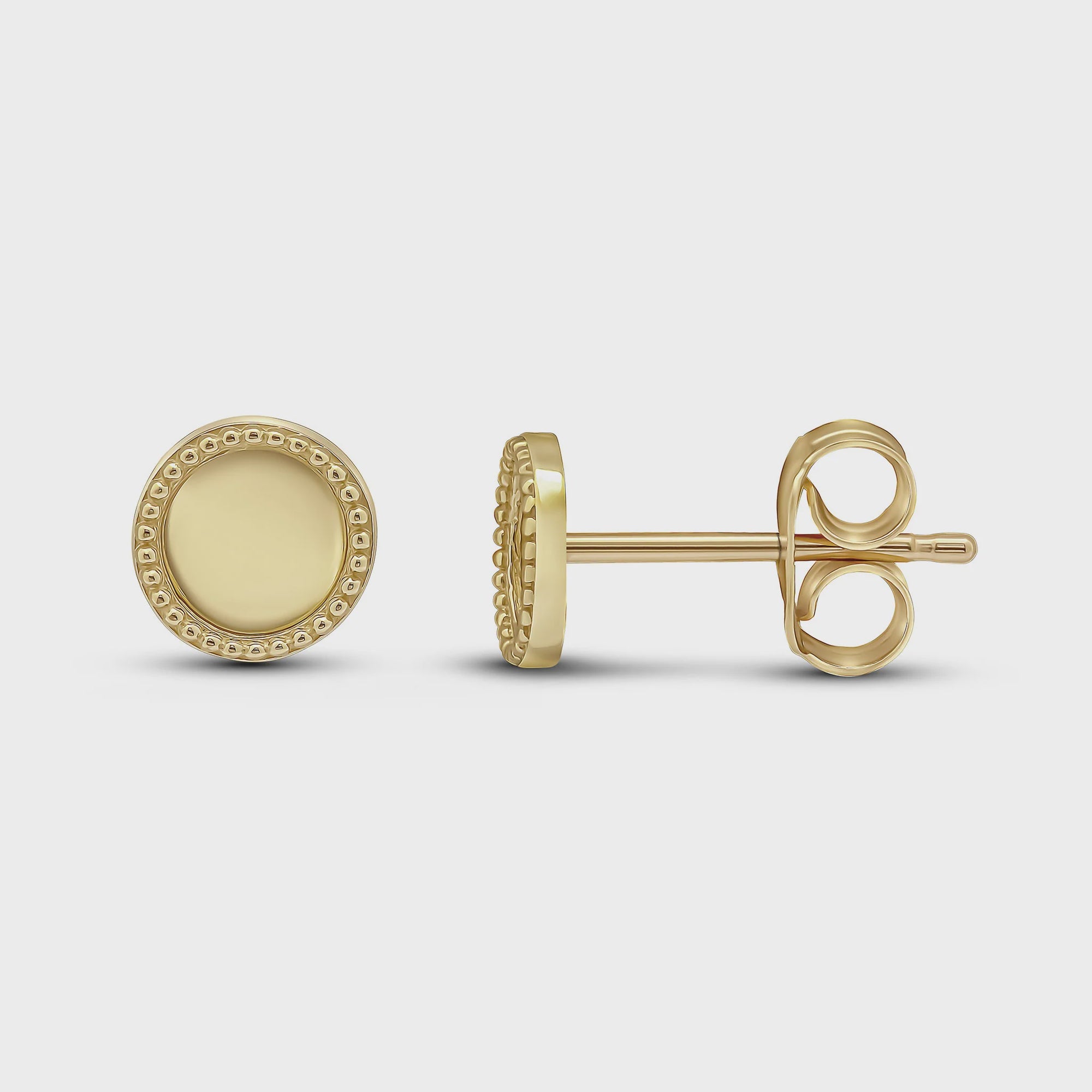 9ct Yellow Gold Beaded Edge Round Circle Stud Earrings 6.3mm