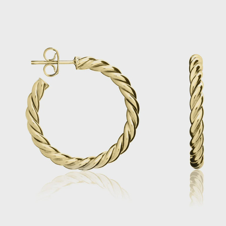 9ct Yellow Gold Twist Peg &amp; Scroll Hoop Earrings 26x3mm