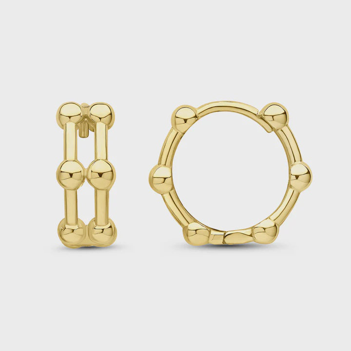 9CT Yellow Gold Two Row Bar &amp; Ball Huggy Hoop Earrings 14mm
