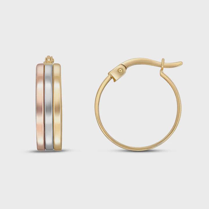 9ct Three Tone Yellow, White &amp; Rose Gold Three Row Flat Hoop Earrings