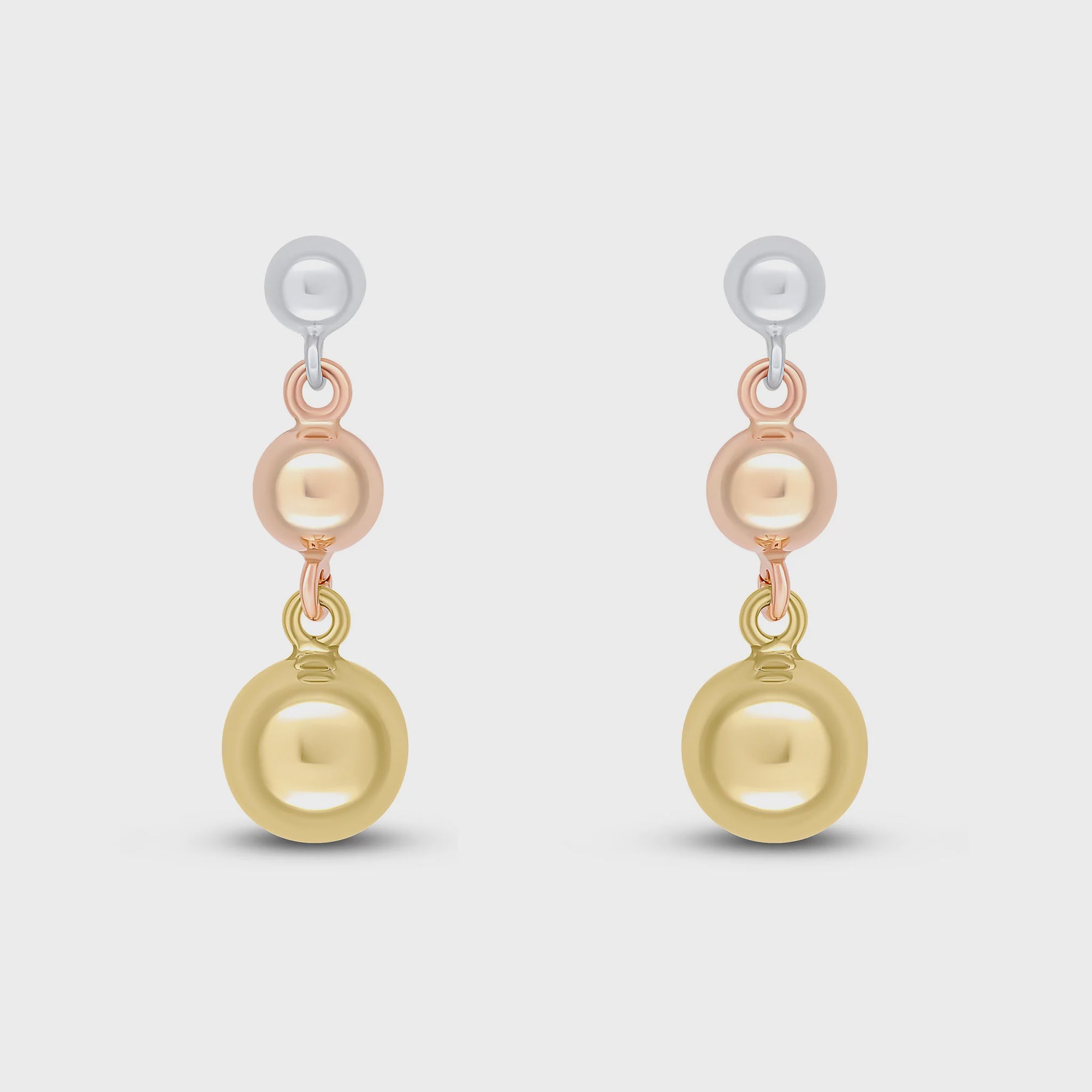 9ct White Gold 4mm, Rose Gold 5mm &amp; Yellow Gold 7mm Polished Ball Drop Earrings
