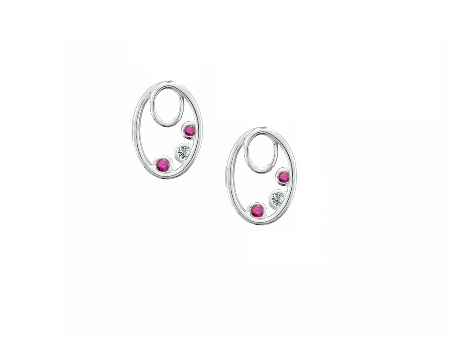 Silver Ruby &amp; CZ Oval Drop Stud Earrings