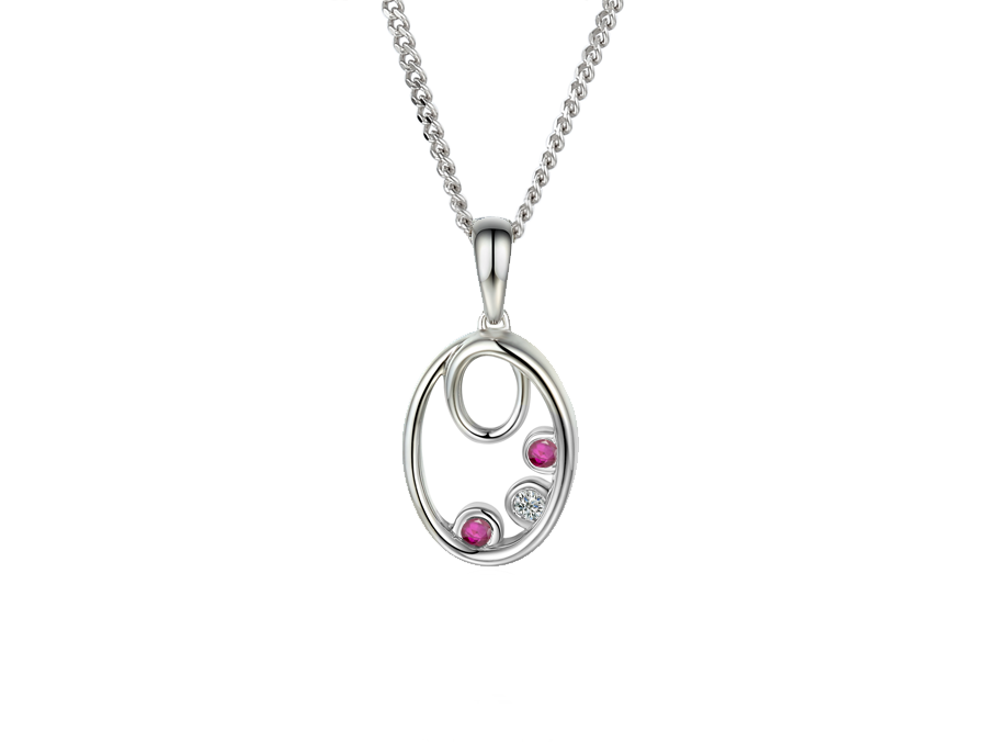 Silver Ruby &amp; CZ Oval Shape Pendant Necklace