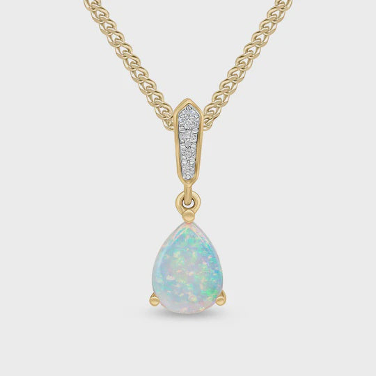 18ct Yellow Gold Pear Shape Opal 0.57ct &amp; Diamond 0.03ct Pendant