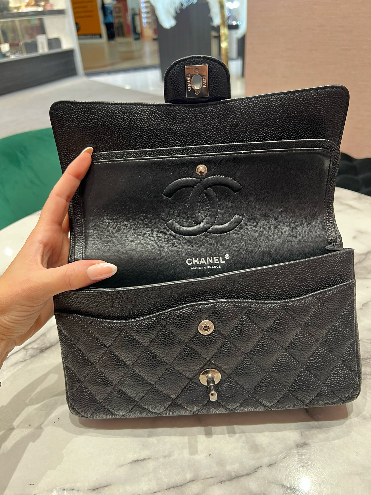 Pre-Owned Chanel Medium Classic Double Flap Bag in Black Caviar Leather