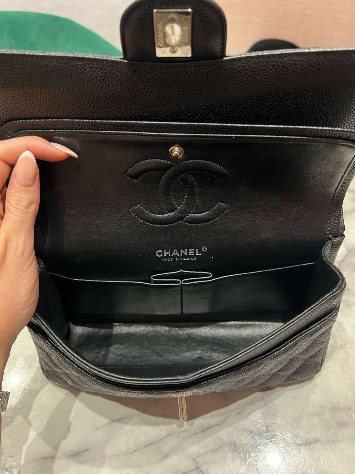 Pre-Owned Chanel Medium Classic Double Flap Bag in Black Caviar Leather