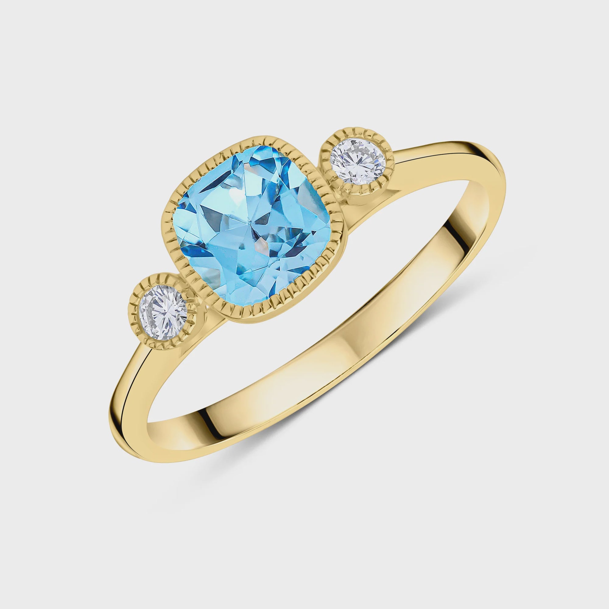 9ct Yellow Gold 6mm Cushion Cut Swiss Blue Topaz &amp; Round Diamond Millegrain Set 3 Stone Ring