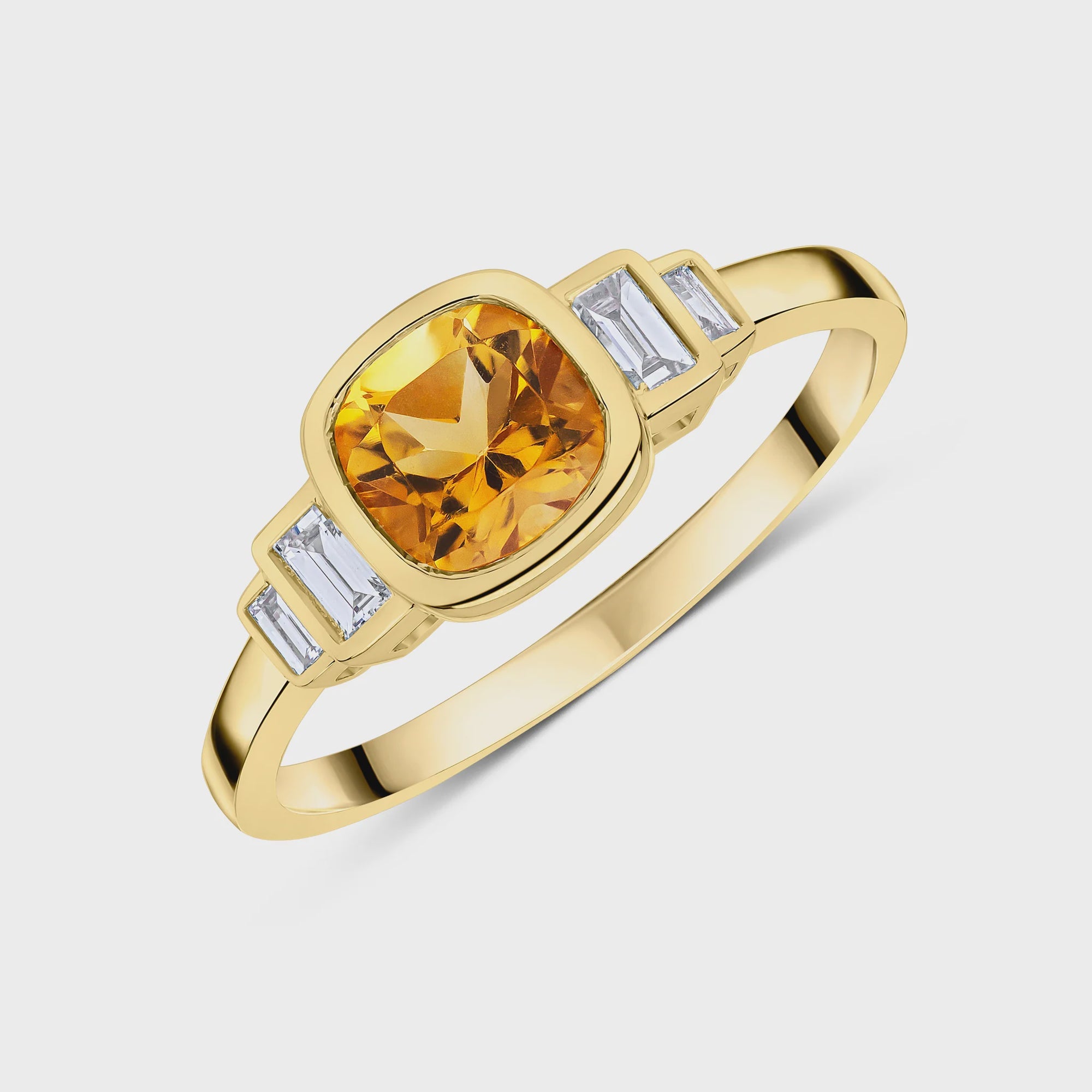 9ct Yellow Gold Cushion Citrine &amp; Baguette Diamond Stepped Ring