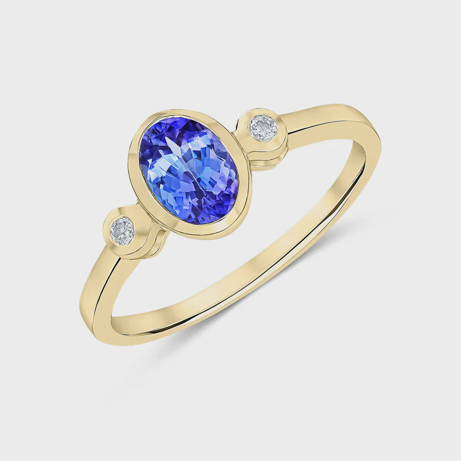 9ct Yellow Gold 0.76ct Oval Tanzanite &amp; 0.05ct Round Diamond Three Stone Rubover Ring