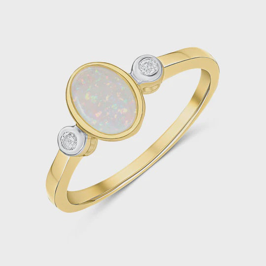 9ct Yellow Gold 0.39ct Oval Opal &amp; 0.05ct Diamond Three Stone Rubover Ring