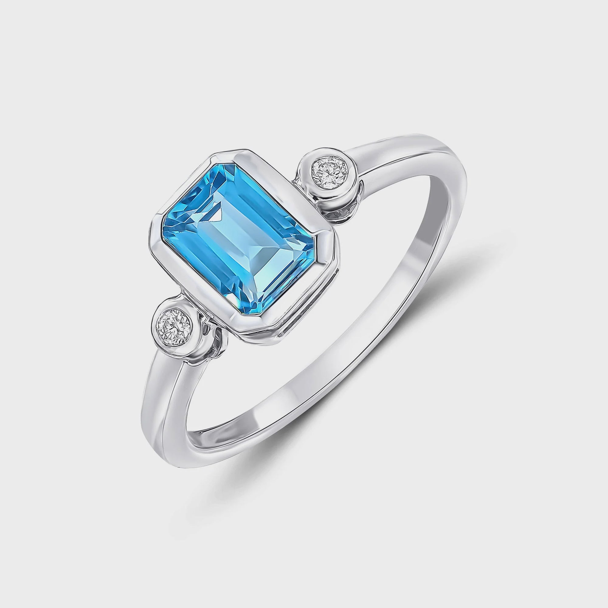 9ct White Gold 1.04ct Swiss Blue Topaz &amp; 5pt Diamond Trilogy Ring