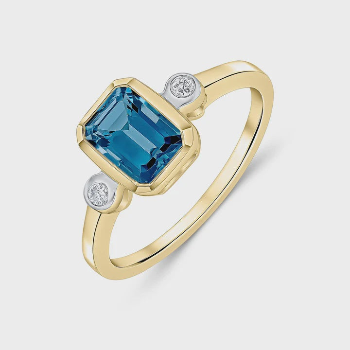 9ct Yellow Gold Octagonal London Blue Topaz &amp; Diamond Three Stone Ring