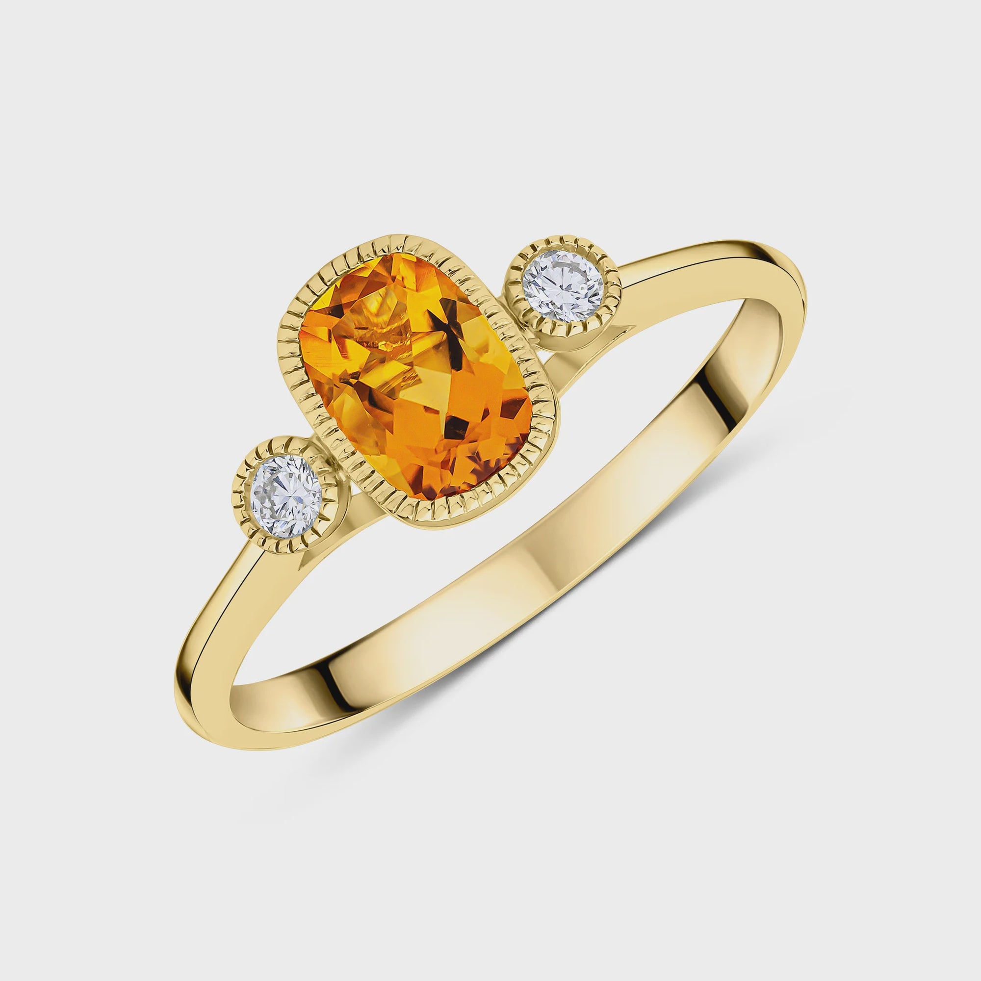 9ct Yellow Gold Cushion Cut Citrine &amp; Round Diamond Millegrain Set 3 Stone Ring