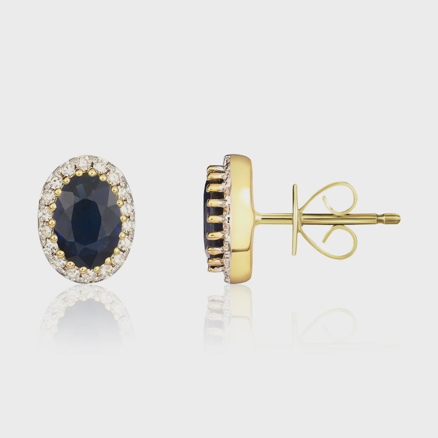 9ct Yellow Gold Oval Sapphire &amp; Diamond Cluster Stud Earrings