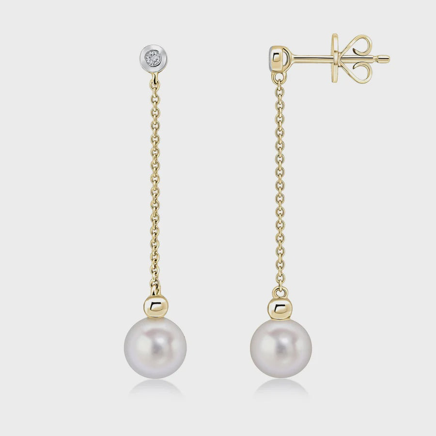 9ct Yellow Gold Pearl &amp; Diamond Chain Drop Earrings