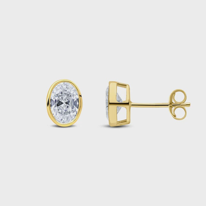 9ct Yellow Gold Oval Cubic Zirconia CZ Rubover Stud Earrings