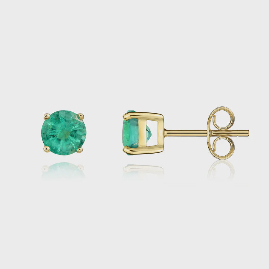 9ct Yellow Gold 5mm Round 0.94ct Emerald Stud Earrings