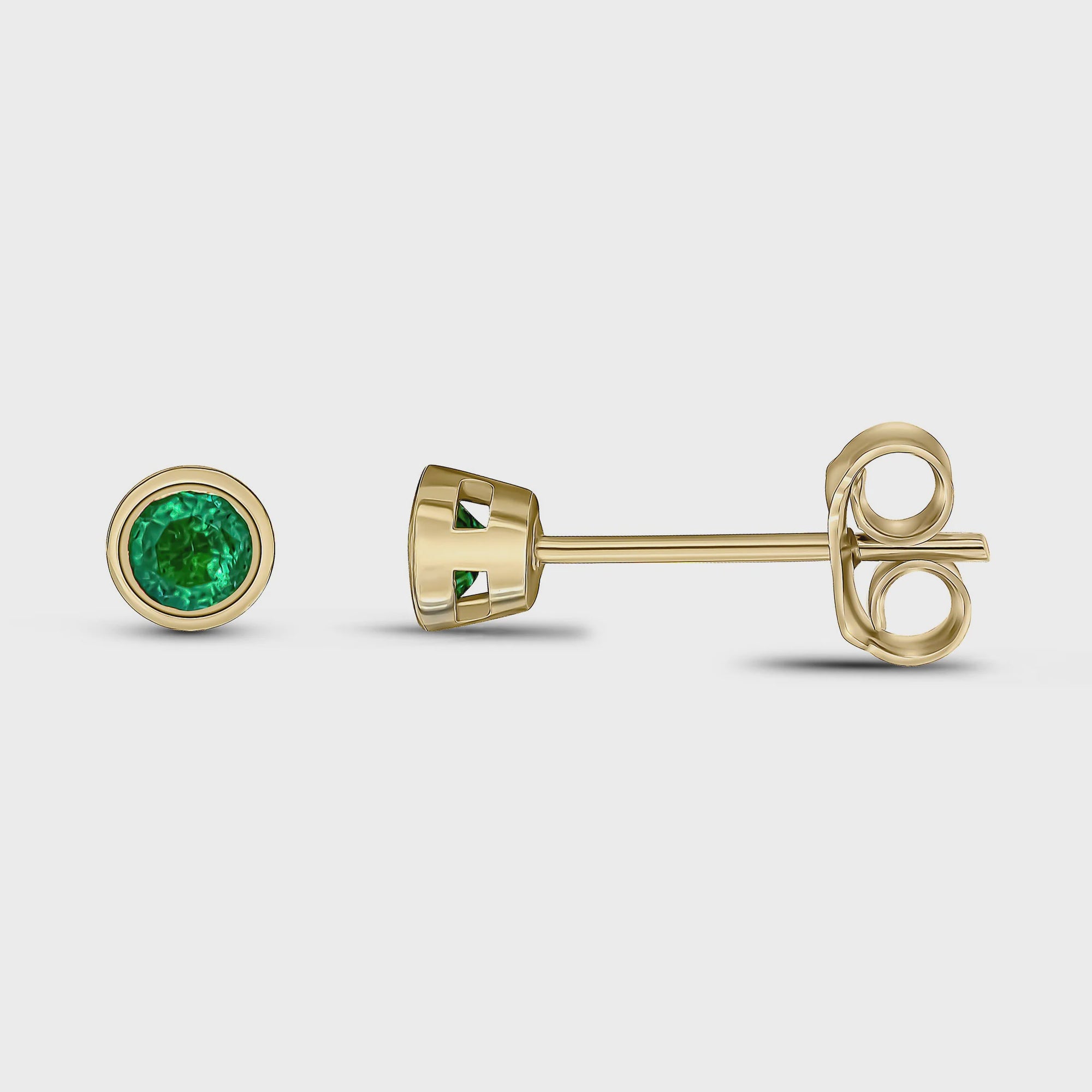 9ct Yellow Gold 3mm Round Emerald Rubover Stud Earrings
