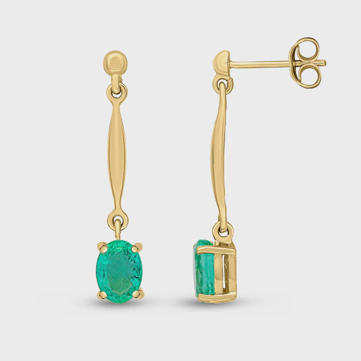 9ct Yellow Gold Oval Emerald Bar Drop Earrings