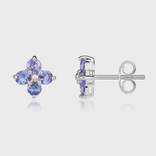 9ct White Gold 0.93ct Round Tanzanite Four Stone Cluster Stud Earrings