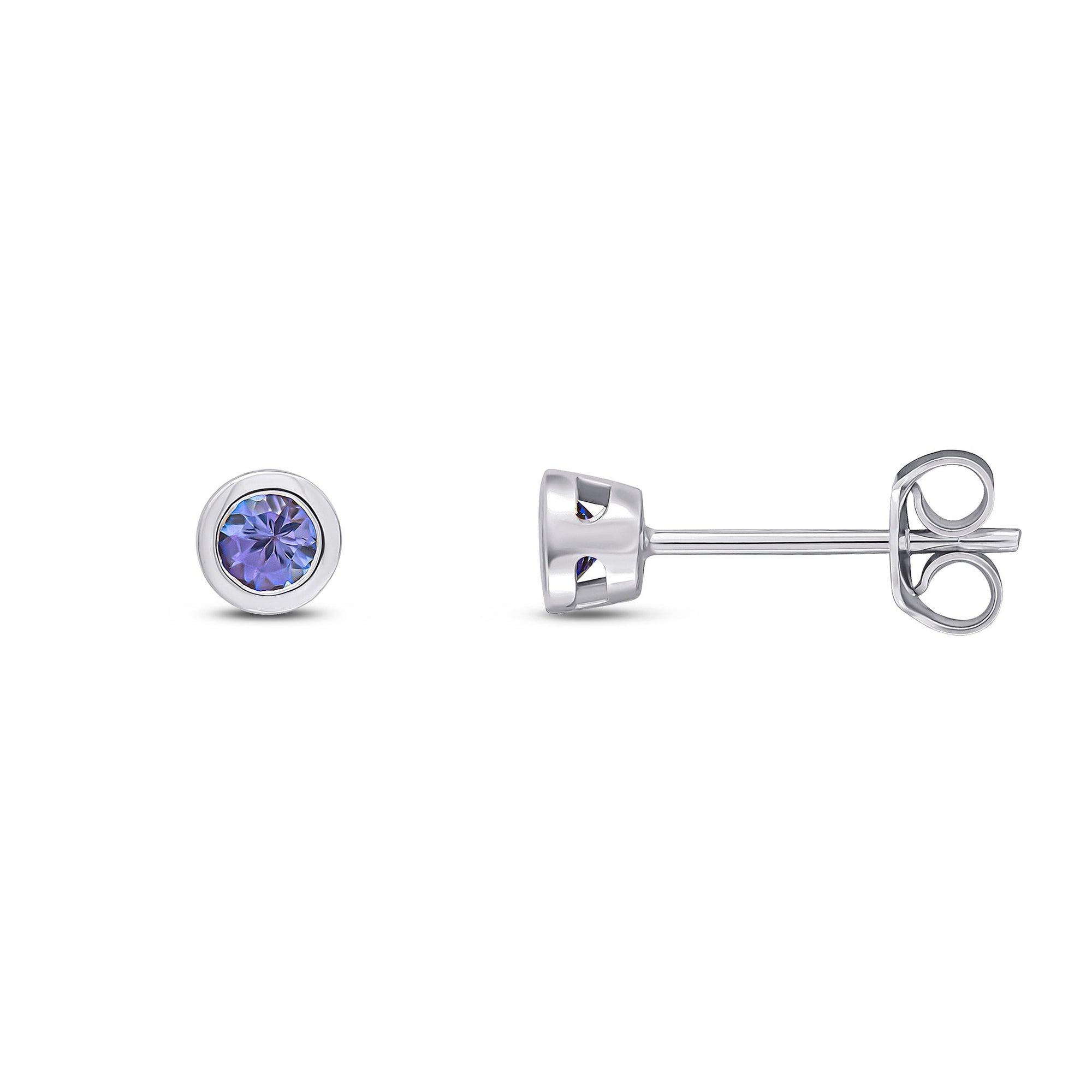 9ct White Gold 3mm Round Tanzanite Rubover Stud Earrings