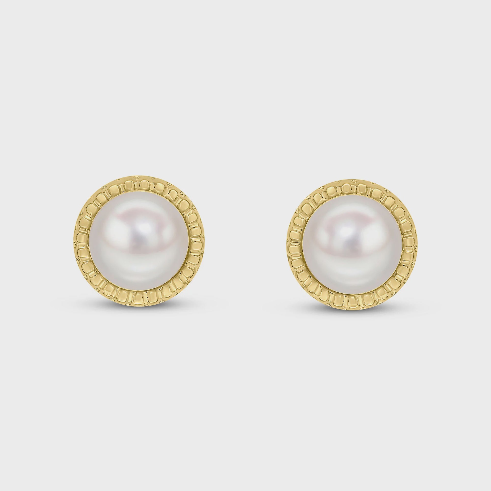 9ct Yellow Gold Button Pearl &amp; Textured Border Stud Earrings