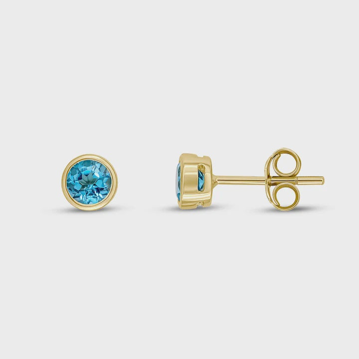 9ct Yellow Gold Round Swiss Blue Topaz Rubover Stud Earrings 4mm