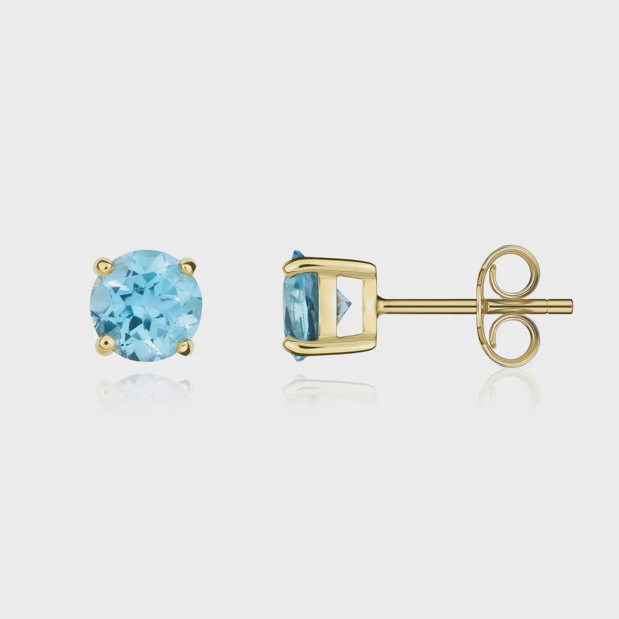 9ct Yellow Gold Round Swiss Blue Topaz Claw Stud Earrings 5mm