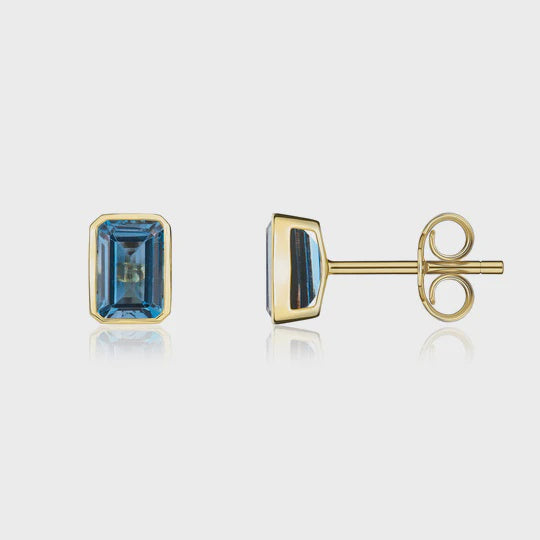 9ct Yellow Gold 2.60ct Octagonal London Blue Topaz Rubover Stud Earrings