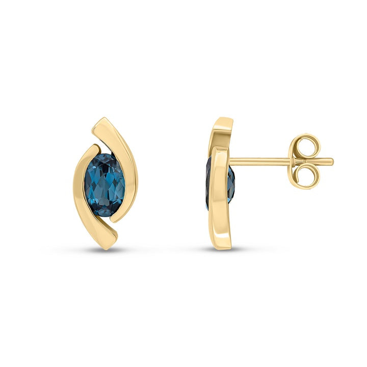 9ct Yellow Gold Oval London Blue Topaz 'Eye' Stud Earrings
