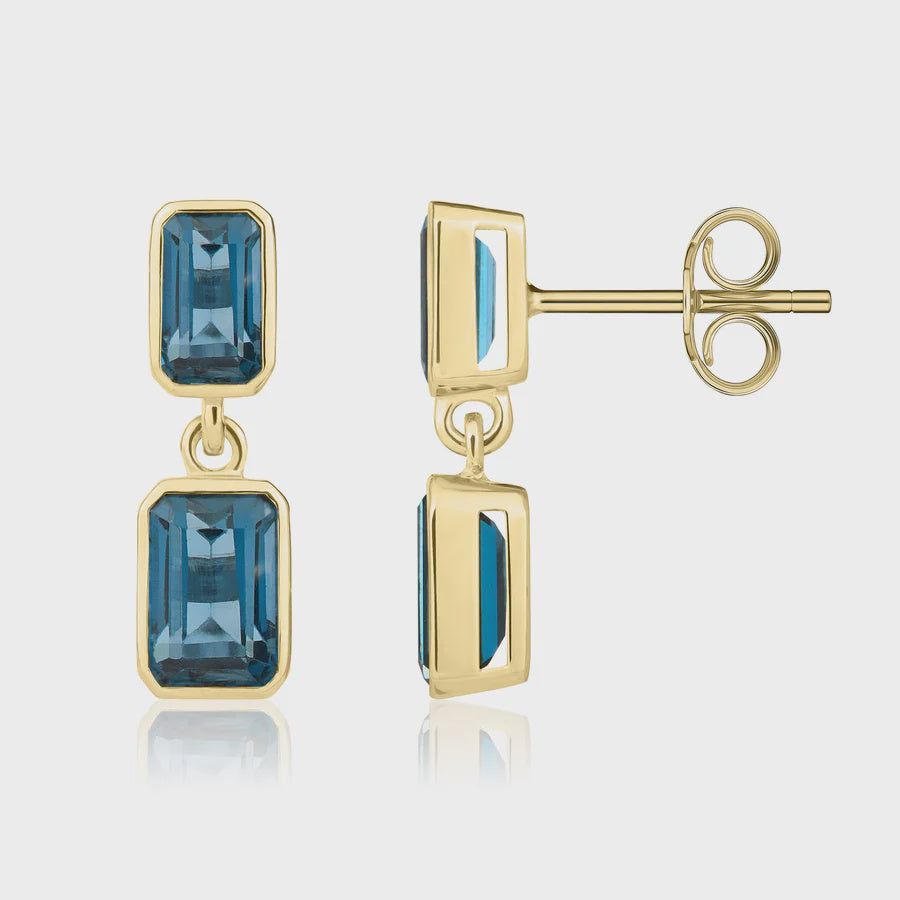9ct Yellow Gold Octagonal London Blue Topaz Double Stone Rubover Drop Earrings