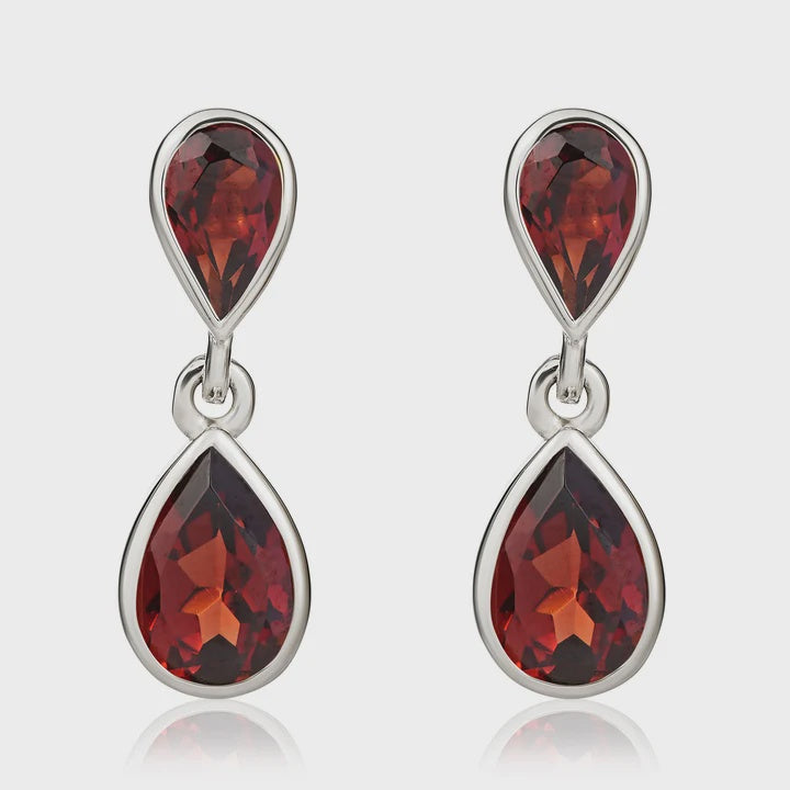 9ct White Gold Pear Shaped Garnet Double Stone Rubover Drop Earrings