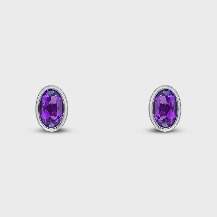 9CT White Gold Oval Amethyst Rubover Stud Earrings 5x3mm