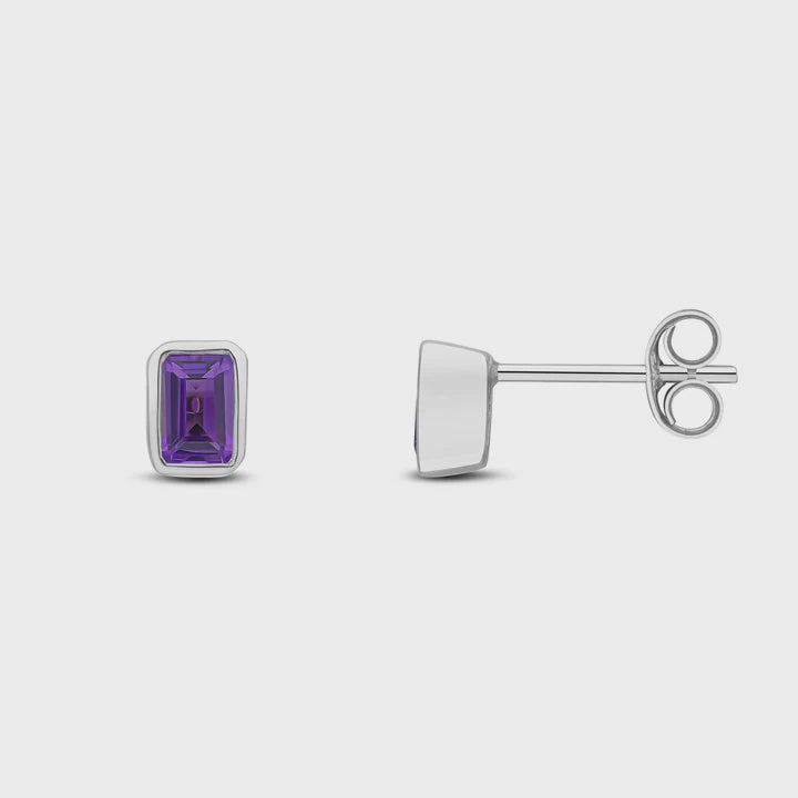 9ct White Gold Octagonal Amethyst Rubover Stud Earrings
