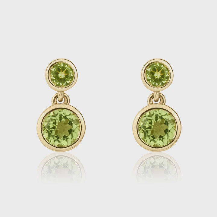 9ct Yellow Gold Round Peridot Double Stone Rubover Drop Earrings
