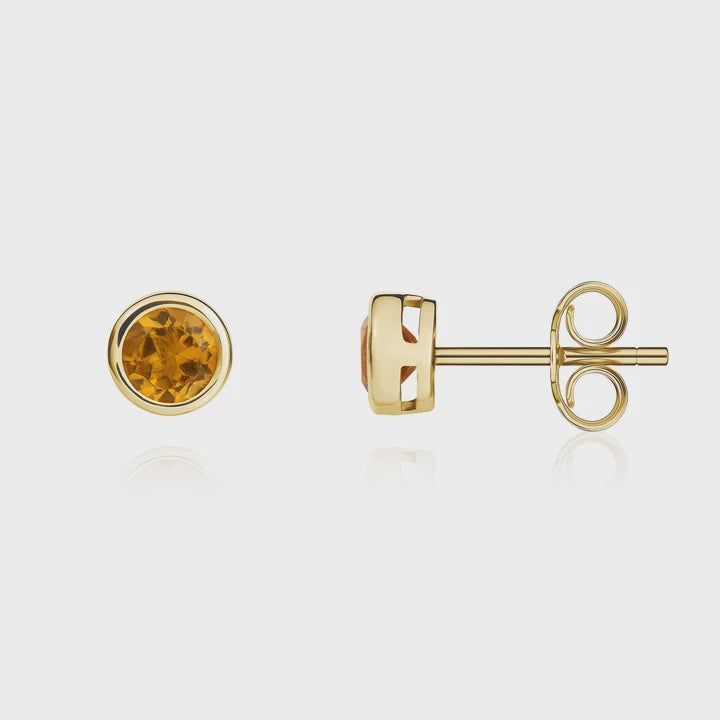 9ct Yellow Gold Round Citrine Rubover Stud Earrings 4mm