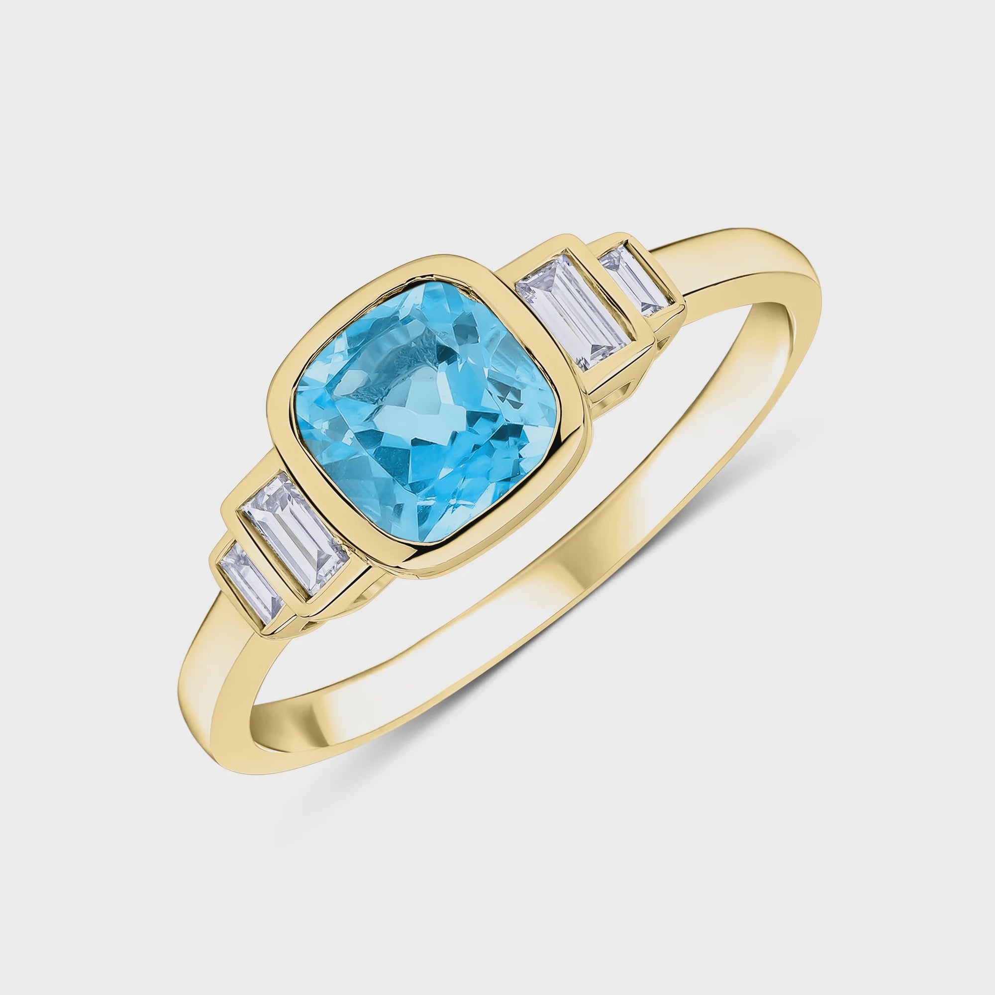 9ct Yellow Gold Cushion Swiss Blue Topaz &amp; Baguette Diamond Stepped Ring