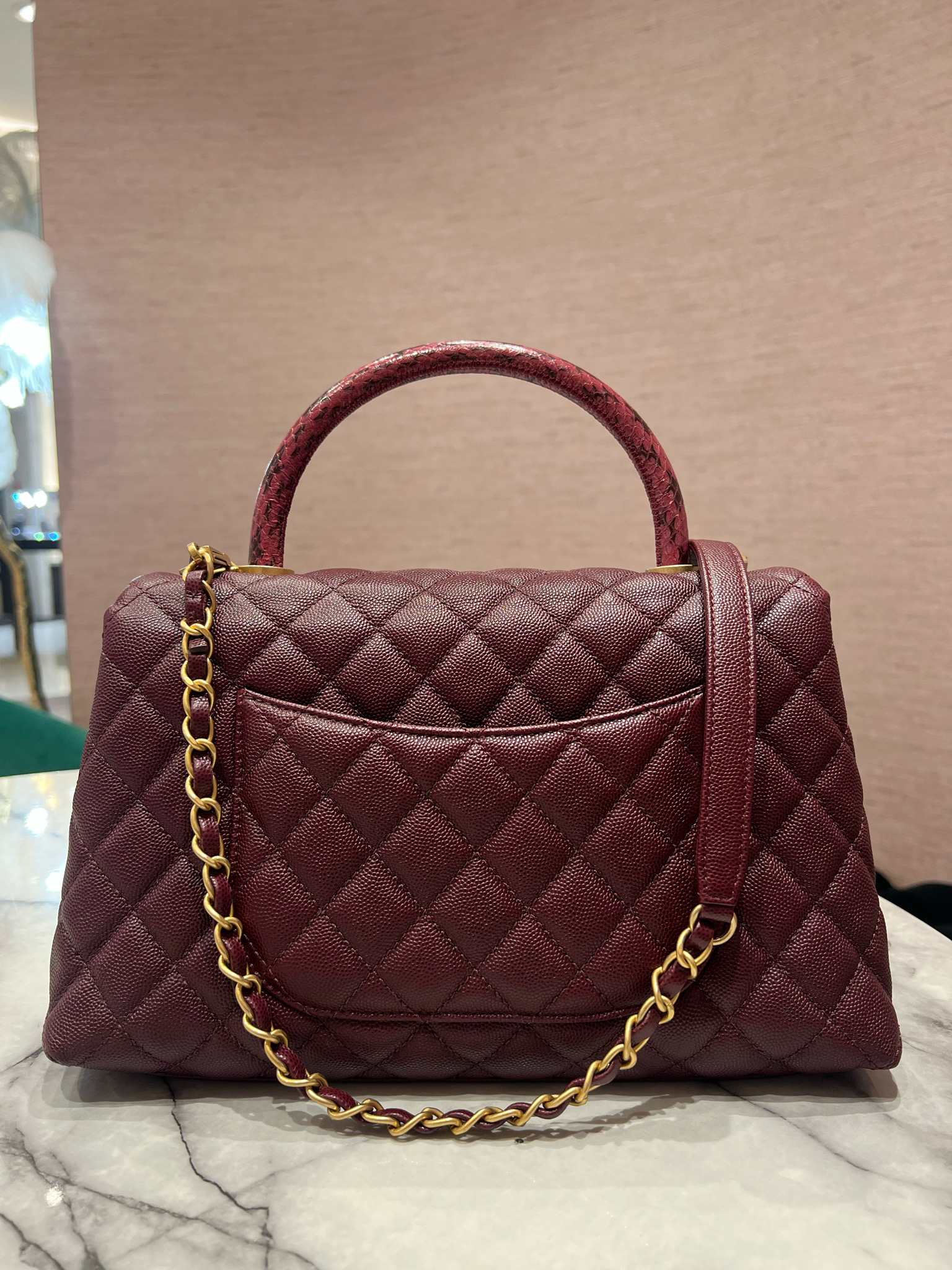 Pre-Owned Chanel Small Coco Handle in Burgundy Caviar/Elaphe Snake Top Handle