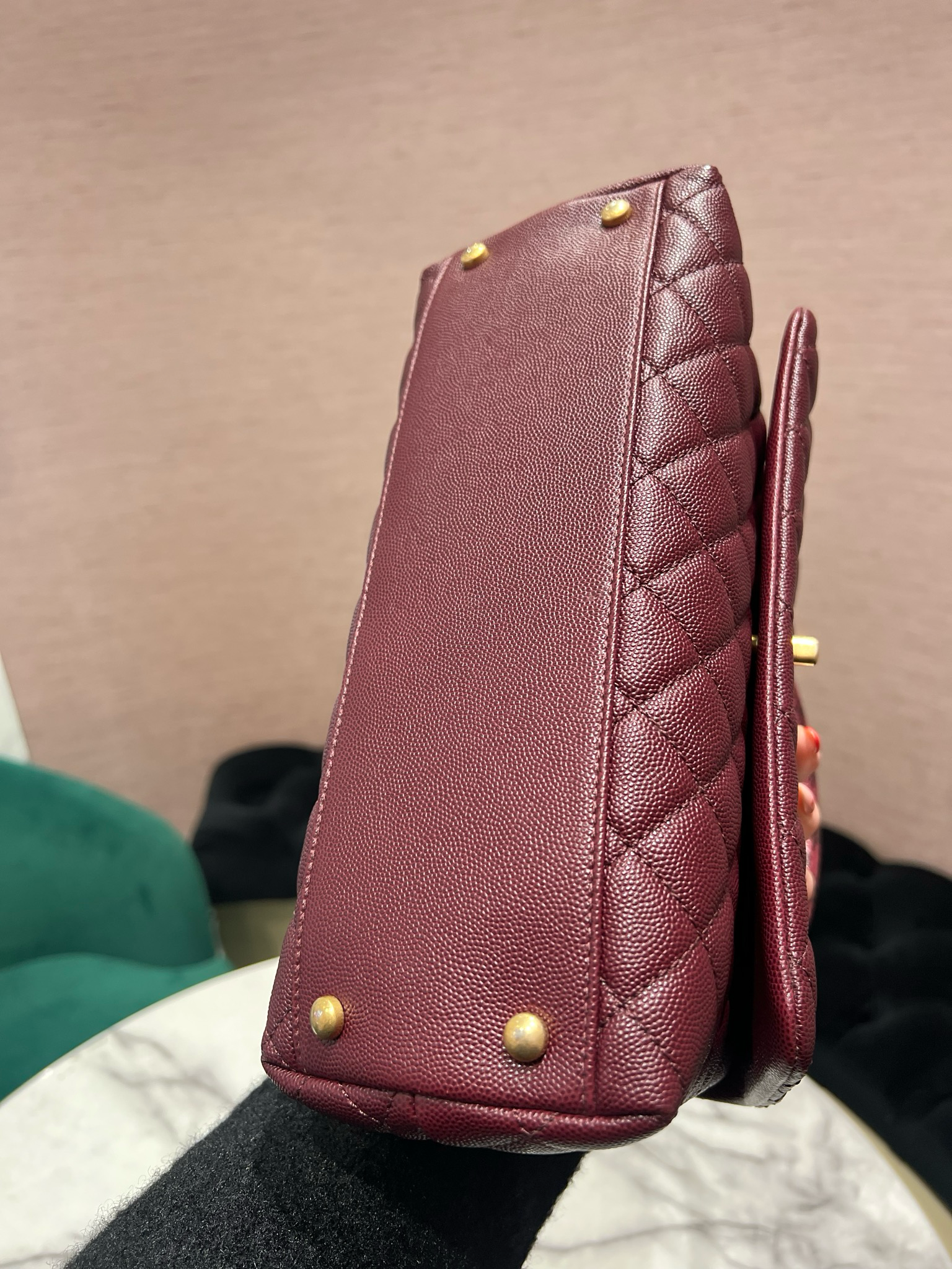 Pre-Owned Chanel Small Coco Handle in Burgundy Caviar/Elaphe Snake Top Handle
