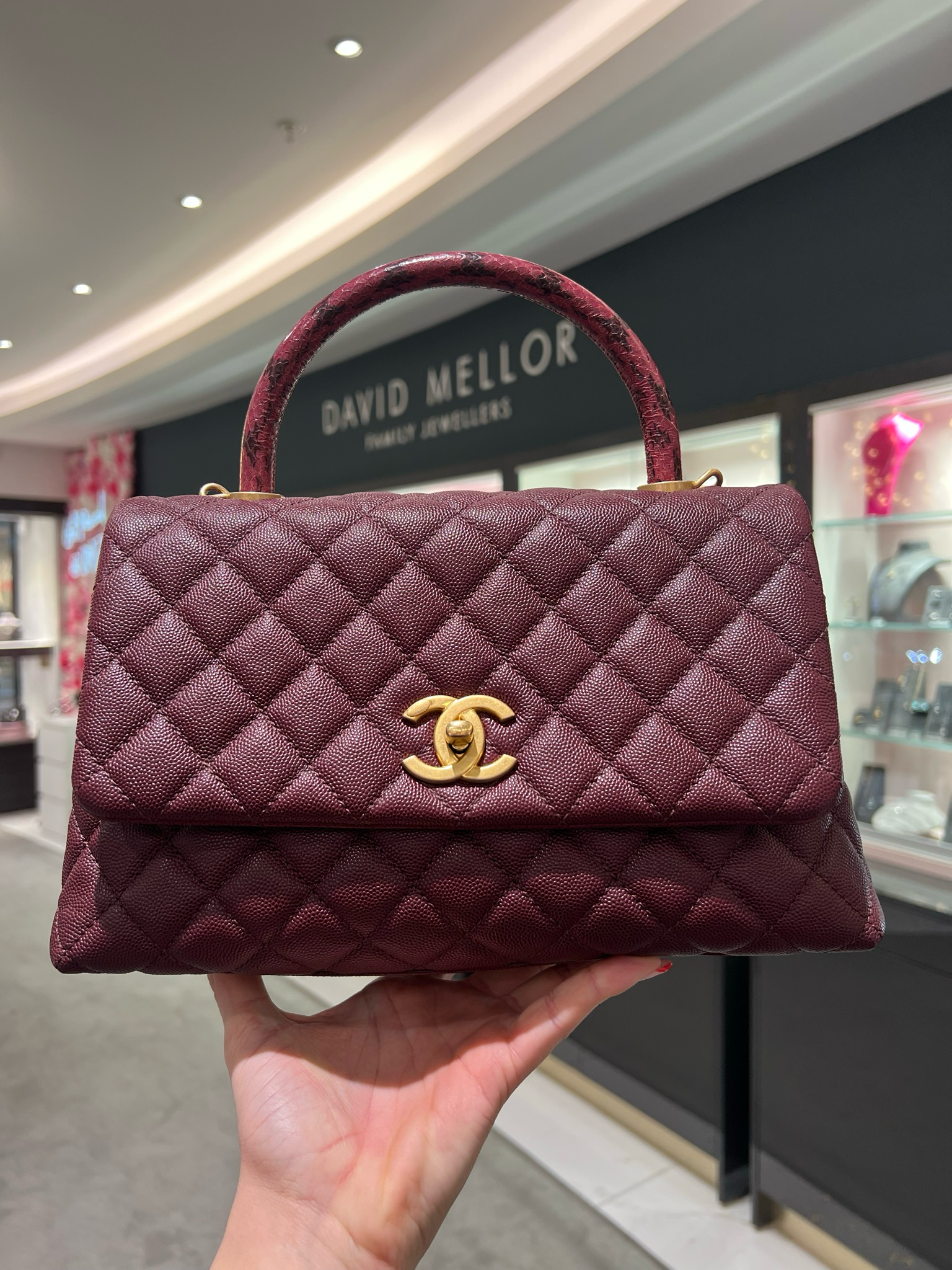 Pre-Owned Chanel Small Coco Handle in Burgundy Caviar/Elaphe Snake Top Handle