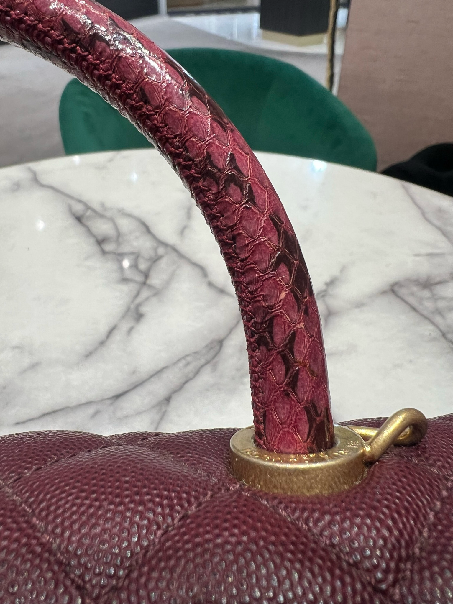 Pre-Owned Chanel Small Coco Handle in Burgundy Caviar/Elaphe Snake Top Handle