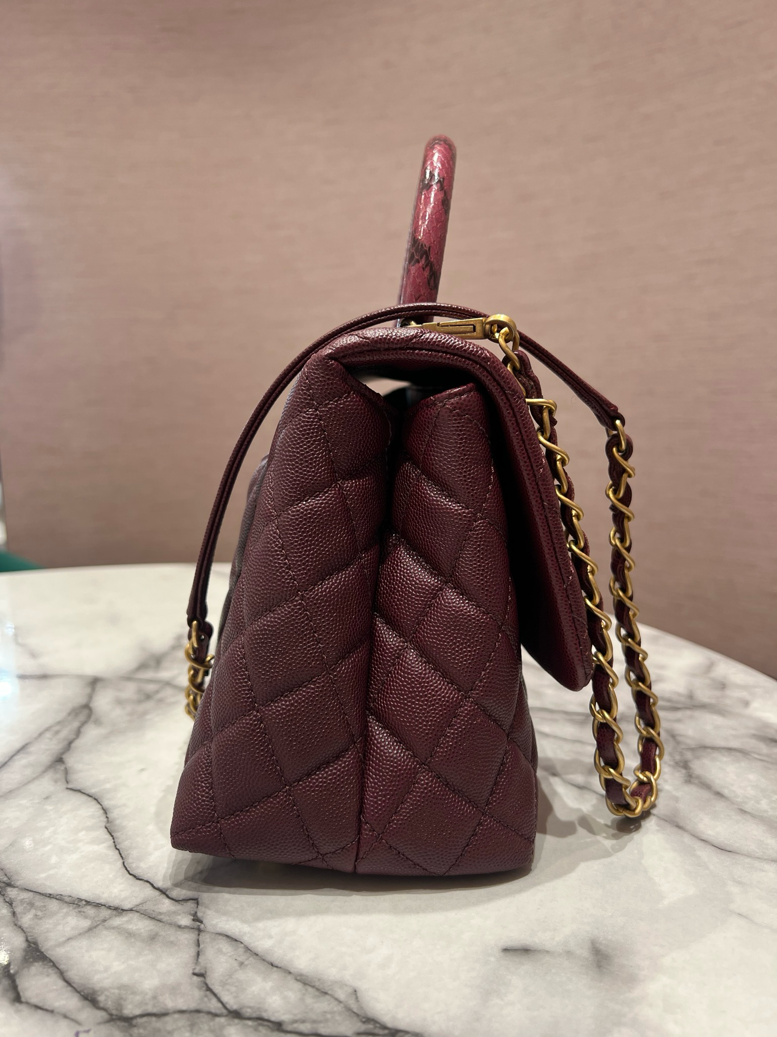 Pre-Owned Chanel Small Coco Handle in Burgundy Caviar/Elaphe Snake Top Handle
