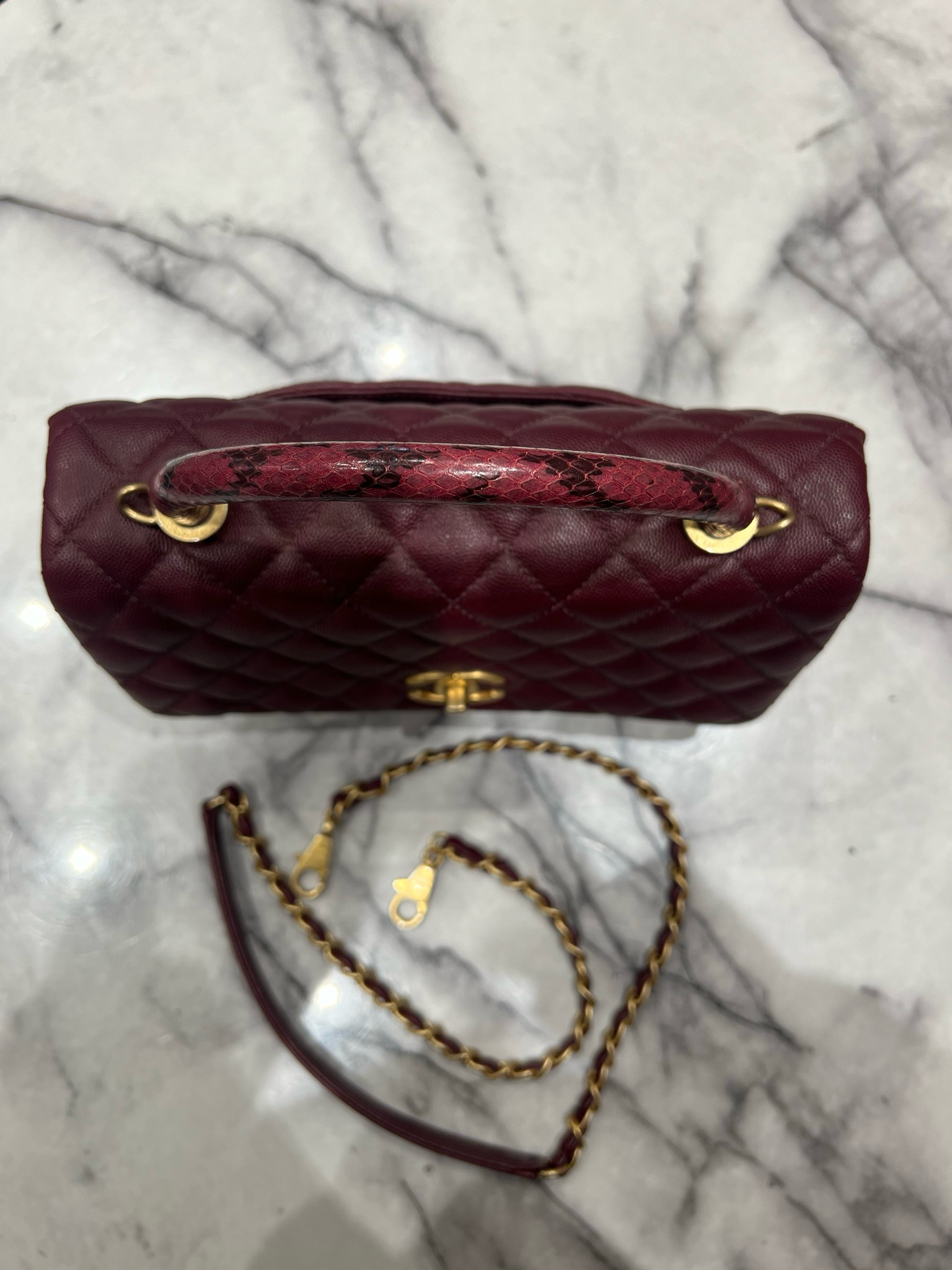 Pre-Owned Chanel Small Coco Handle in Burgundy Caviar/Elaphe Snake Top Handle