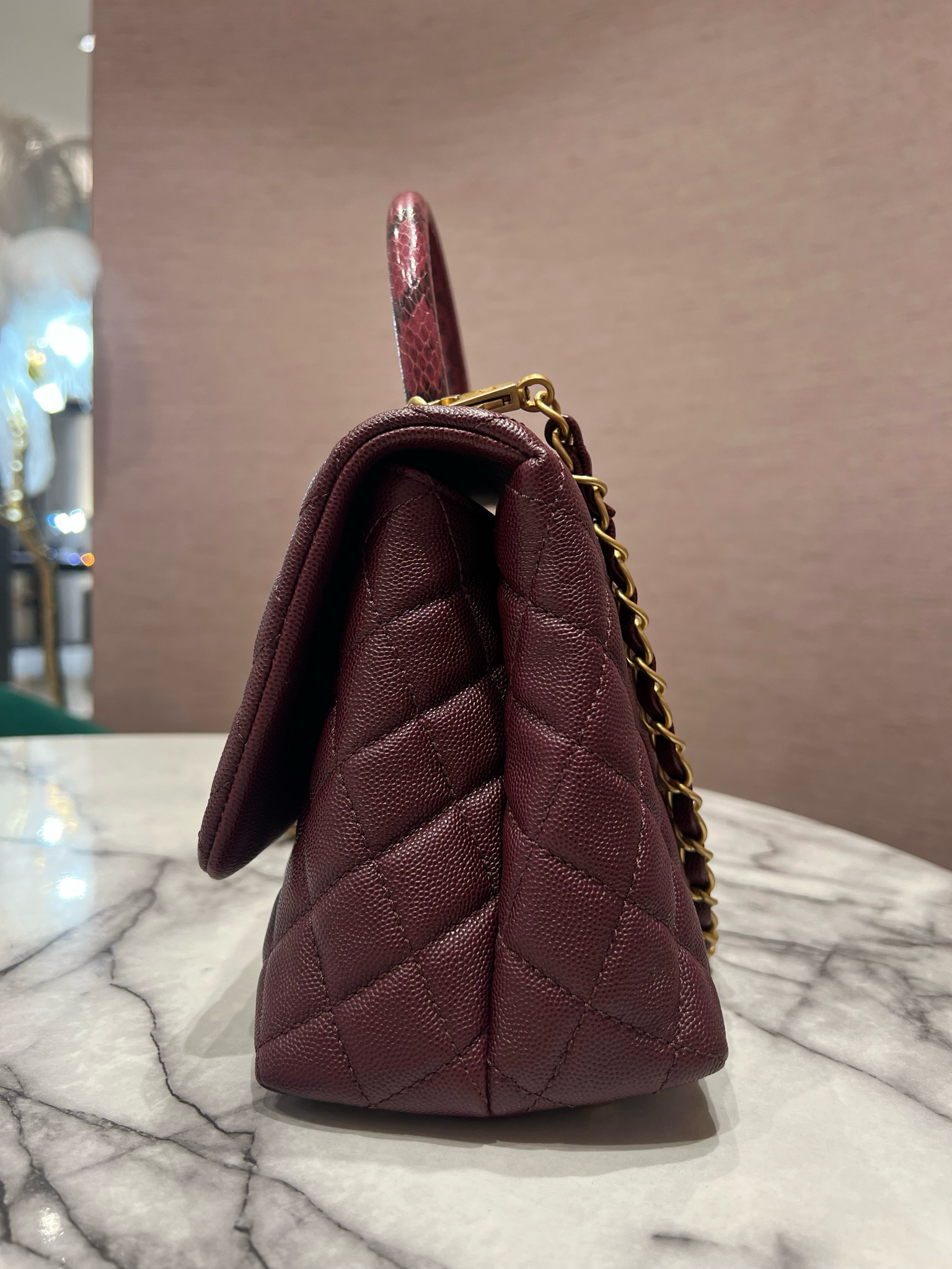 Pre-Owned Chanel Small Coco Handle in Burgundy Caviar/Elaphe Snake Top Handle