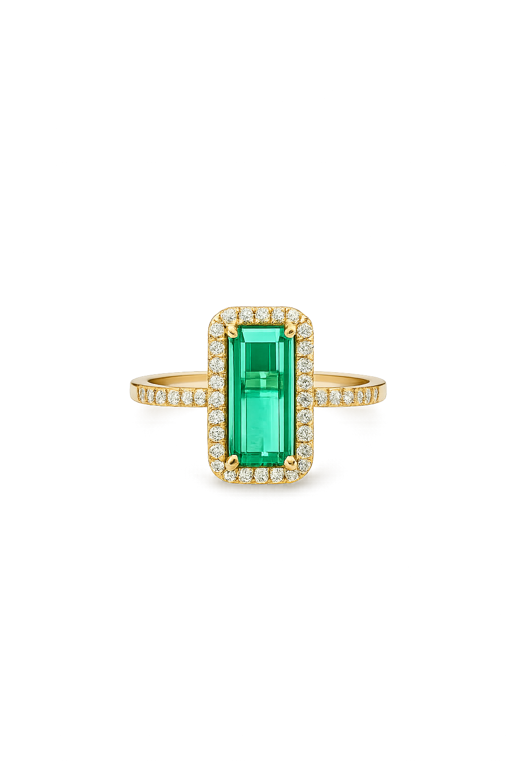 18ct Yellow Gold 1.90ct Elongated Emerald-Cut Green Tourmaline &amp; 23pt Diamond Halo Ring