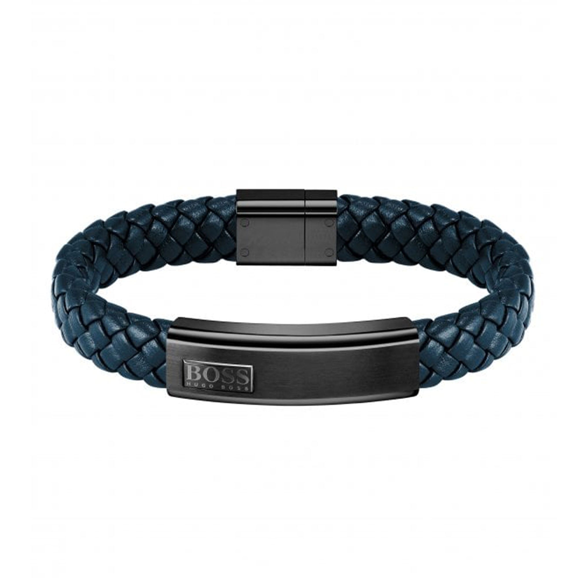 BOSS Mens Lander Blue Plaited Leather Bracelet